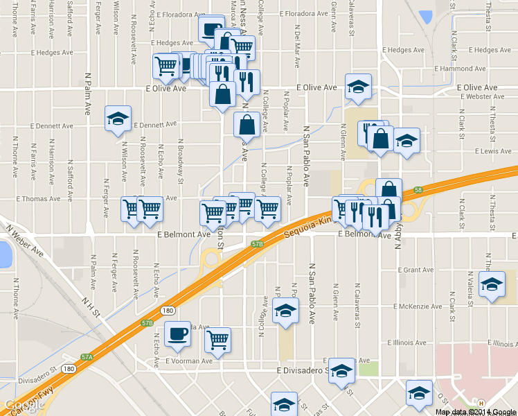 map of restaurants, bars, coffee shops, grocery stores, and more near 608 North College Avenue in Fresno