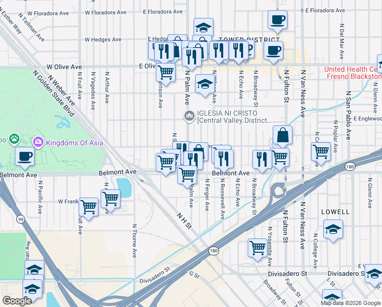 map of restaurants, bars, coffee shops, grocery stores, and more near 547 North Ferger Avenue in Fresno
