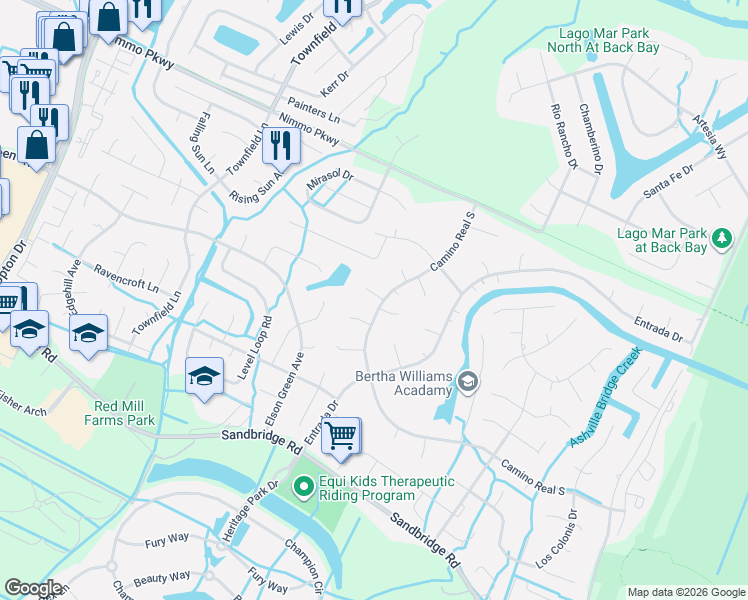 map of restaurants, bars, coffee shops, grocery stores, and more near 1001 Santa Clara Court in Virginia Beach