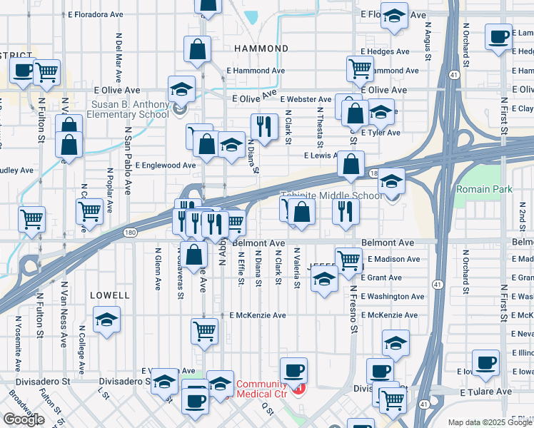 map of restaurants, bars, coffee shops, grocery stores, and more near 2025 East White Avenue in Fresno