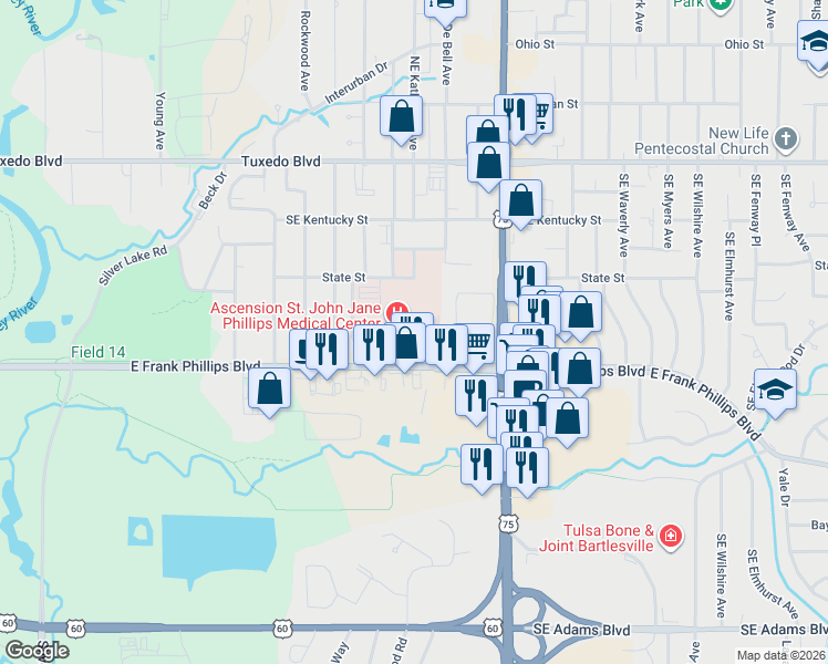 map of restaurants, bars, coffee shops, grocery stores, and more near 3500 Southeast Frank Phillips Boulevard in Bartlesville