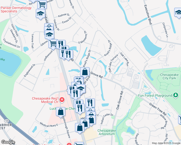 map of restaurants, bars, coffee shops, grocery stores, and more near 800 Oak Grove Road in Chesapeake
