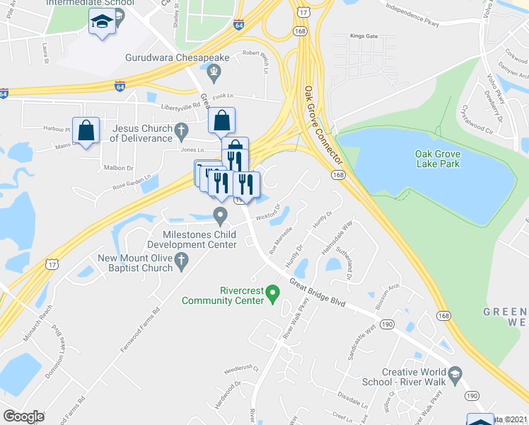 map of restaurants, bars, coffee shops, grocery stores, and more near 720 Wickford Drive in Chesapeake