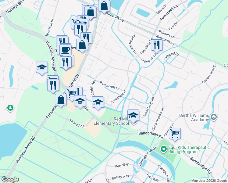 map of restaurants, bars, coffee shops, grocery stores, and more near 2604 Meckley Court in Virginia Beach