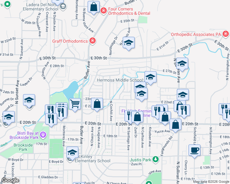 map of restaurants, bars, coffee shops, grocery stores, and more near 2304 North Cochiti Avenue in Farmington