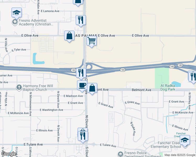 map of restaurants, bars, coffee shops, grocery stores, and more near North Clovis Avenue in Fresno