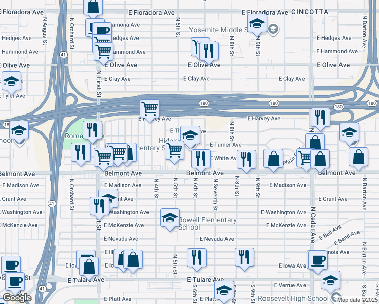 map of restaurants, bars, coffee shops, grocery stores, and more near 3620 East White Avenue in Fresno