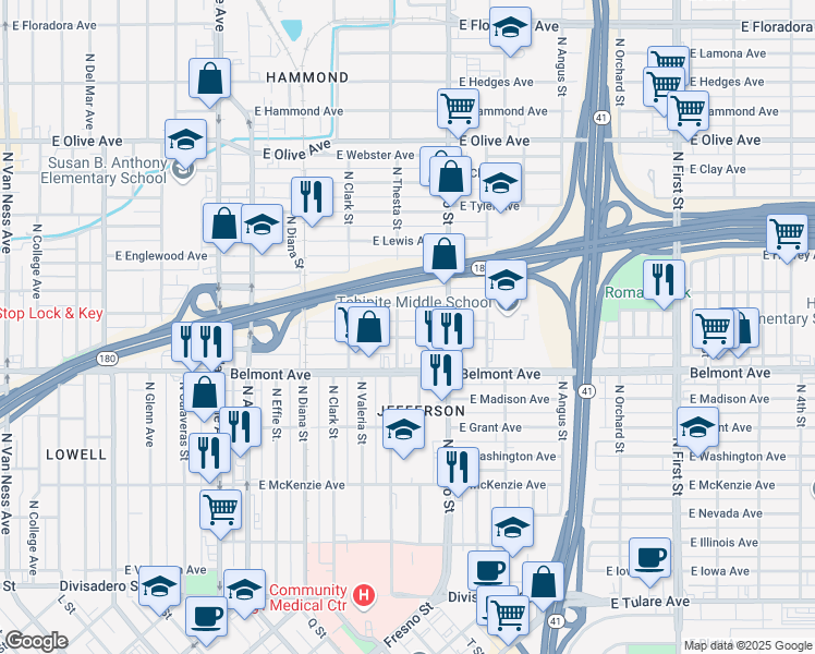 map of restaurants, bars, coffee shops, grocery stores, and more near 2339 East White Avenue in Fresno
