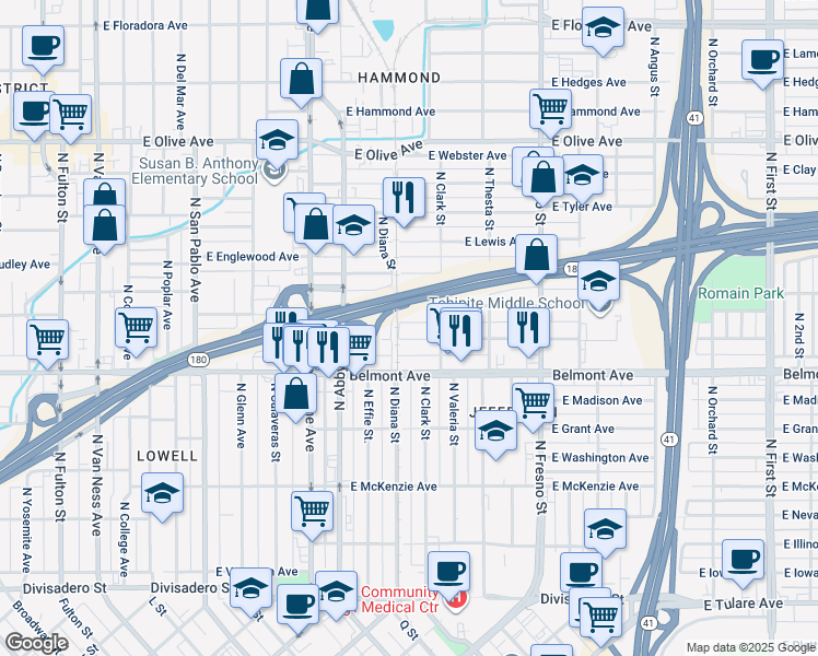 map of restaurants, bars, coffee shops, grocery stores, and more near 2001 East White Avenue in Fresno