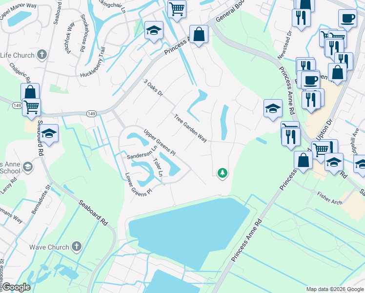 map of restaurants, bars, coffee shops, grocery stores, and more near 2348 Upper Greens Place in Virginia Beach