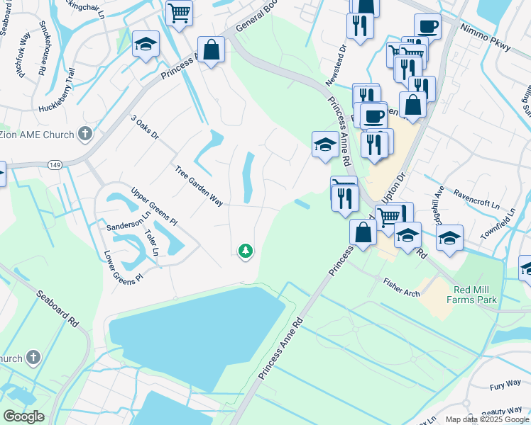 map of restaurants, bars, coffee shops, grocery stores, and more near 2332 Tallwood Trail in Virginia Beach
