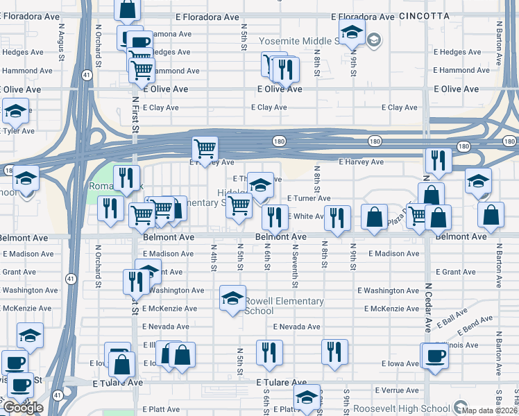 map of restaurants, bars, coffee shops, grocery stores, and more near 3550 East Thomas Avenue in Fresno