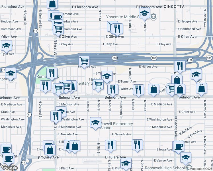 map of restaurants, bars, coffee shops, grocery stores, and more near 3550 East Thomas Avenue in Fresno