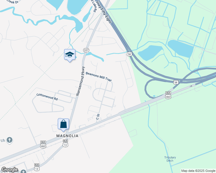 map of restaurants, bars, coffee shops, grocery stores, and more near 1190 C Street in Suffolk