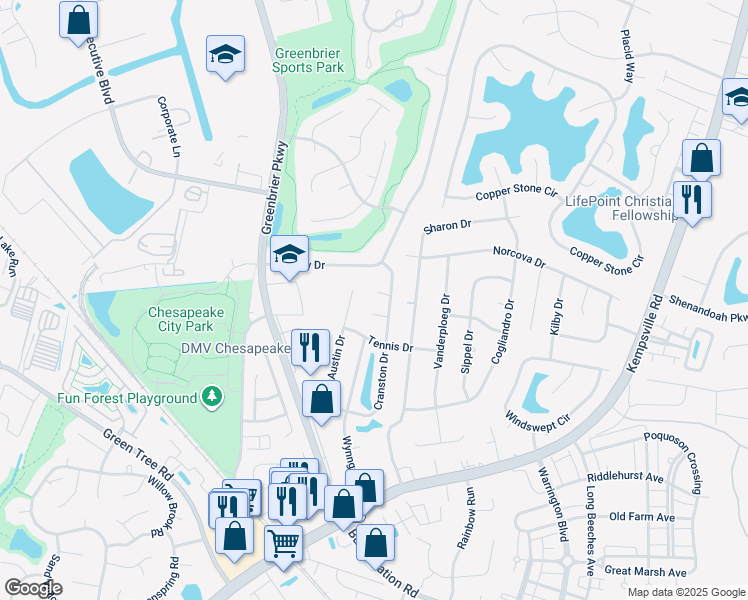map of restaurants, bars, coffee shops, grocery stores, and more near 805 Fordson Way in Chesapeake