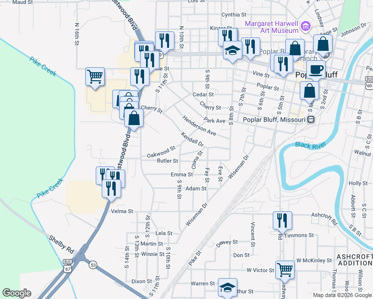 map of restaurants, bars, coffee shops, grocery stores, and more near 806 Bristol Avenue in Poplar Bluff