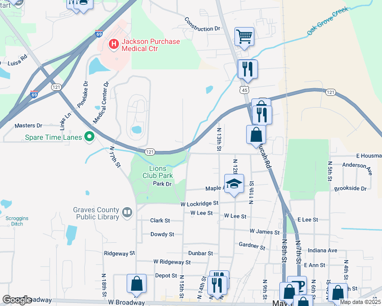 map of restaurants, bars, coffee shops, grocery stores, and more near 1107 Housman Street in Mayfield