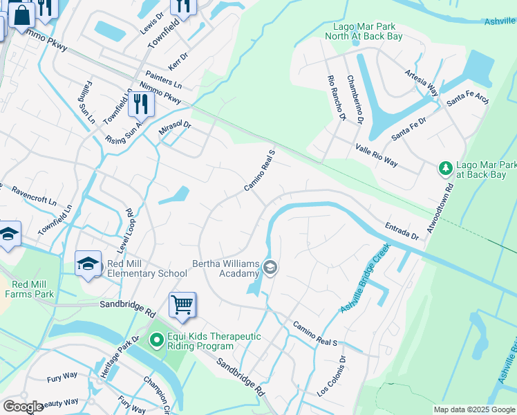 map of restaurants, bars, coffee shops, grocery stores, and more near 2501 Entrada Drive in Virginia Beach