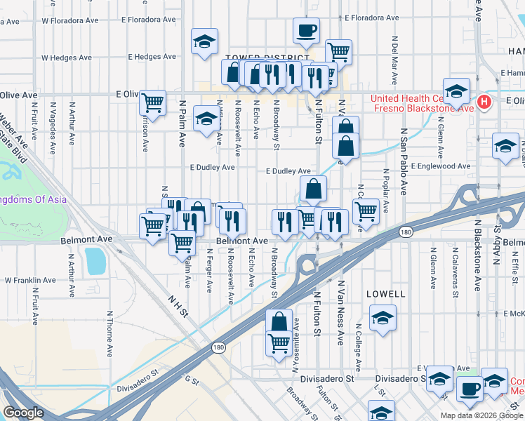 map of restaurants, bars, coffee shops, grocery stores, and more near 610 North Echo Avenue in Fresno