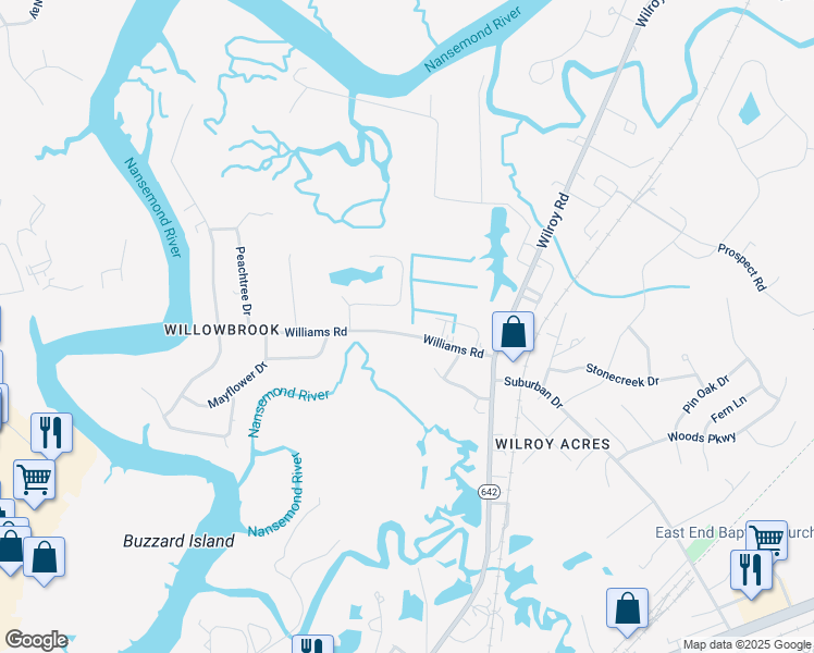 map of restaurants, bars, coffee shops, grocery stores, and more near 331 Williams Road in Suffolk