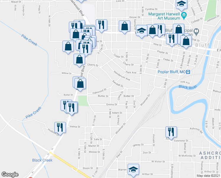 map of restaurants, bars, coffee shops, grocery stores, and more near 806 South 9th Street in Poplar Bluff