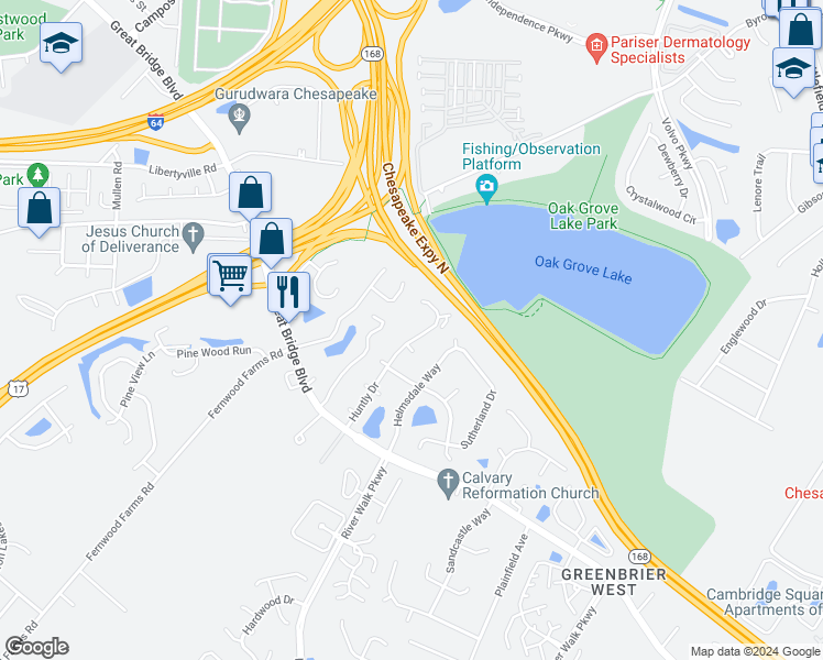 map of restaurants, bars, coffee shops, grocery stores, and more near 734 Huntly Drive in Chesapeake