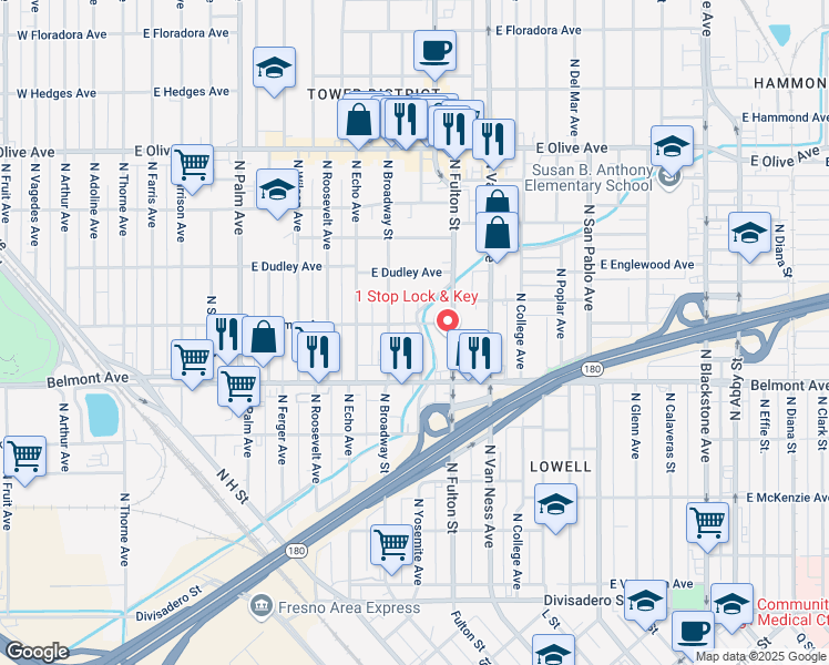 map of restaurants, bars, coffee shops, grocery stores, and more near 581 North Yosemite Avenue in Fresno