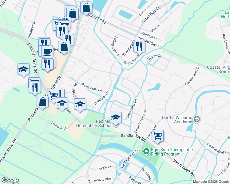 map of restaurants, bars, coffee shops, grocery stores, and more near 2680 Level Loop Road in Virginia Beach