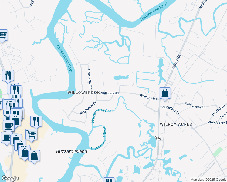 map of restaurants, bars, coffee shops, grocery stores, and more near 440 Williams Road in Suffolk