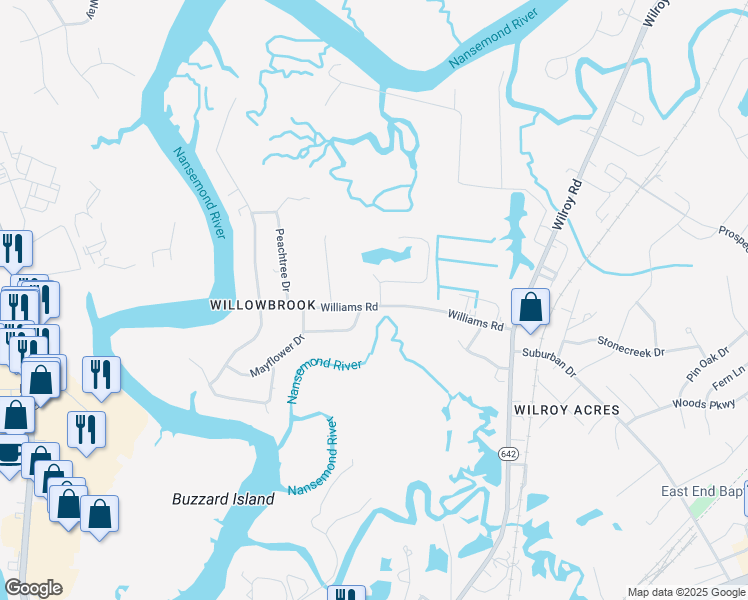 map of restaurants, bars, coffee shops, grocery stores, and more near 1200 Willowbrook Drive in Suffolk