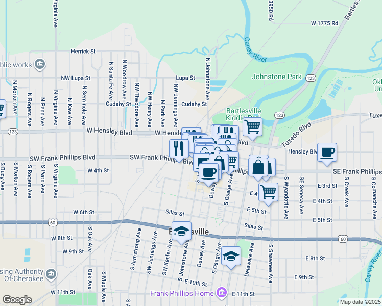 map of restaurants, bars, coffee shops, grocery stores, and more near 100 Southwest Frank Phillips Boulevard in Bartlesville