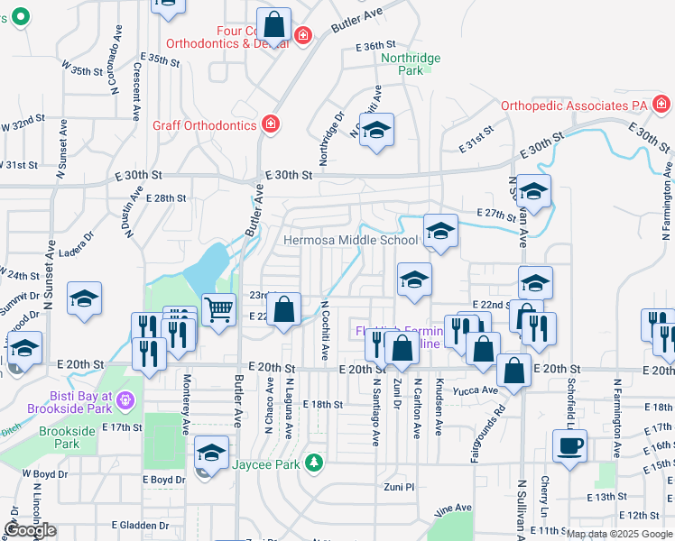 map of restaurants, bars, coffee shops, grocery stores, and more near 2304 North Cochiti Avenue in Farmington