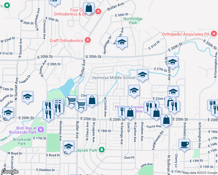 map of restaurants, bars, coffee shops, grocery stores, and more near 2304 North Cochiti Avenue in Farmington