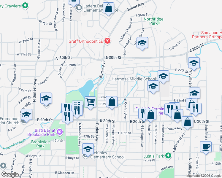map of restaurants, bars, coffee shops, grocery stores, and more near 2301-2399 North Mesa Verde Avenue in Farmington