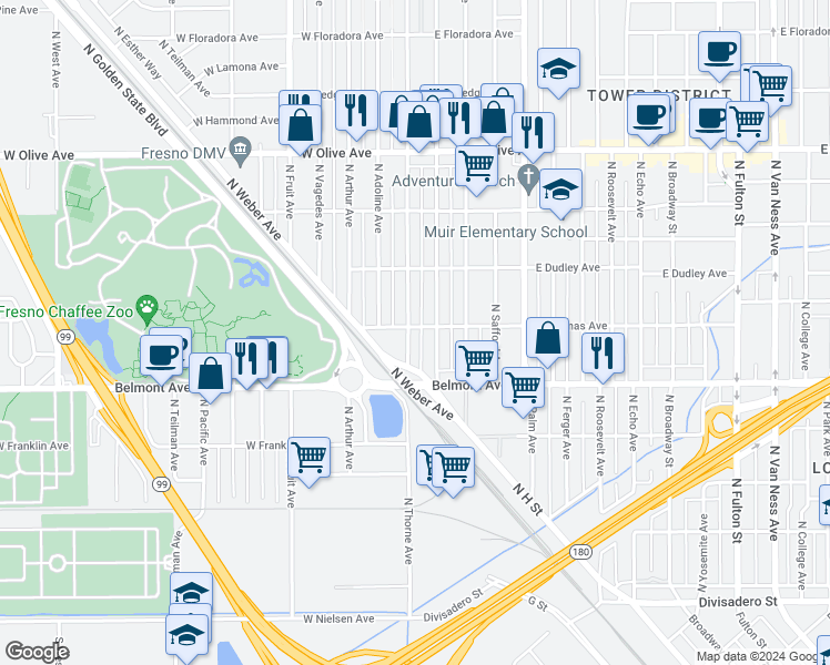 map of restaurants, bars, coffee shops, grocery stores, and more near 530 North Weber Avenue in Fresno