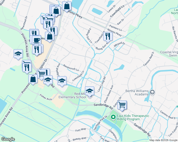 map of restaurants, bars, coffee shops, grocery stores, and more near 2680 Level Loop Road in Virginia Beach