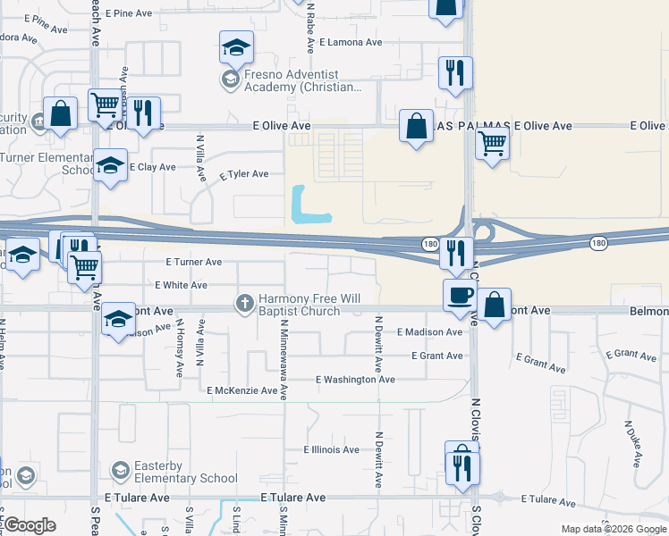 map of restaurants, bars, coffee shops, grocery stores, and more near 5425 East Belmont Avenue in Fresno