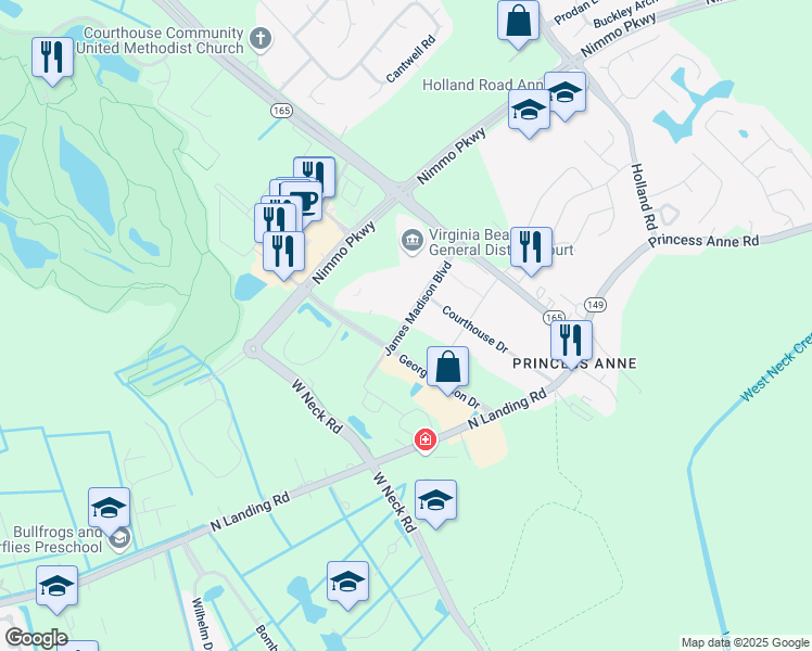 map of restaurants, bars, coffee shops, grocery stores, and more near James Madison Boulevard in Virginia Beach