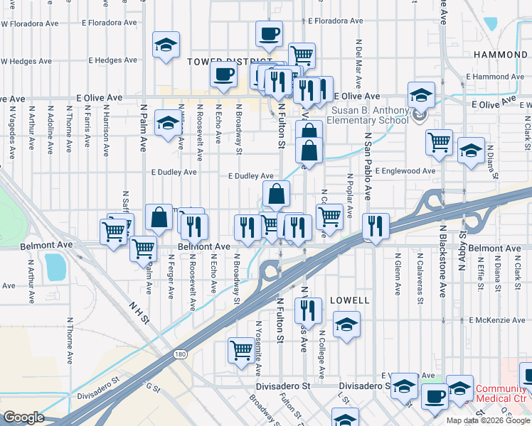 map of restaurants, bars, coffee shops, grocery stores, and more near 612 North Fulton Street in Fresno