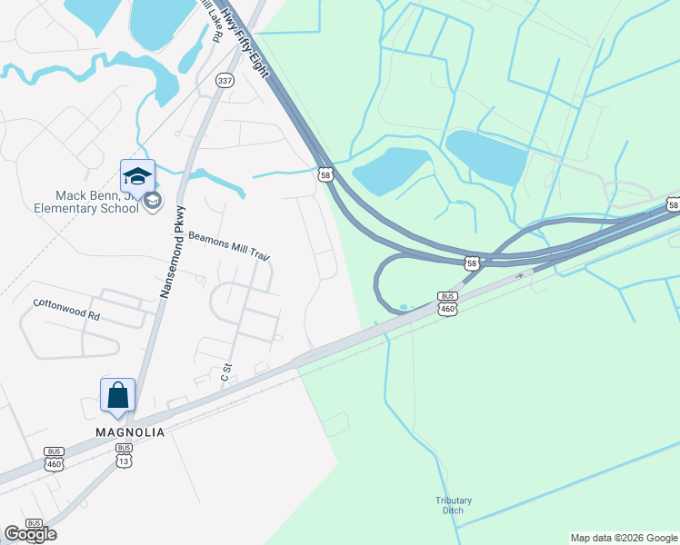 map of restaurants, bars, coffee shops, grocery stores, and more near 2020 Petersen Way in Suffolk