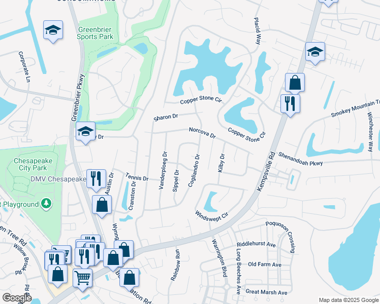 map of restaurants, bars, coffee shops, grocery stores, and more near 604 Cogliandro Ct in Chesapeake