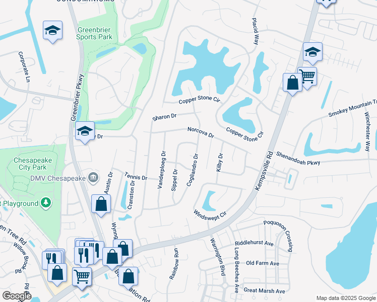 map of restaurants, bars, coffee shops, grocery stores, and more near 604 Cogliandro Court in Chesapeake