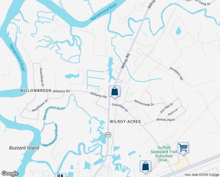 map of restaurants, bars, coffee shops, grocery stores, and more near 1229 Wilroy Road in Suffolk