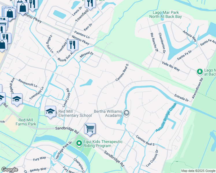map of restaurants, bars, coffee shops, grocery stores, and more near 2436 Camino Real South in Virginia Beach