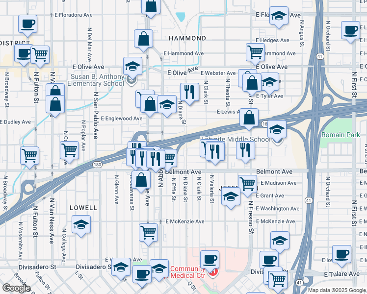 map of restaurants, bars, coffee shops, grocery stores, and more near 2001 East White Avenue in Fresno