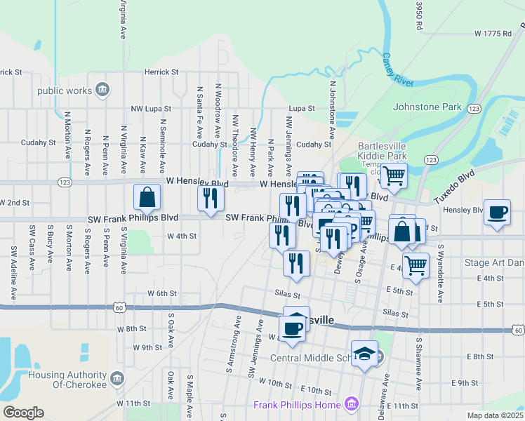 map of restaurants, bars, coffee shops, grocery stores, and more near 400 Southwest Frank Phillips Boulevard in Bartlesville
