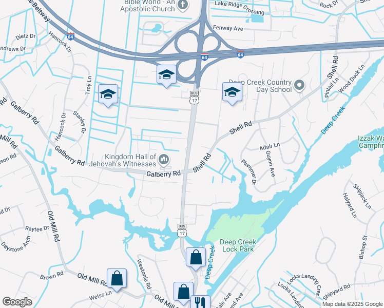 map of restaurants, bars, coffee shops, grocery stores, and more near 417 George Washington Highway North in Chesapeake