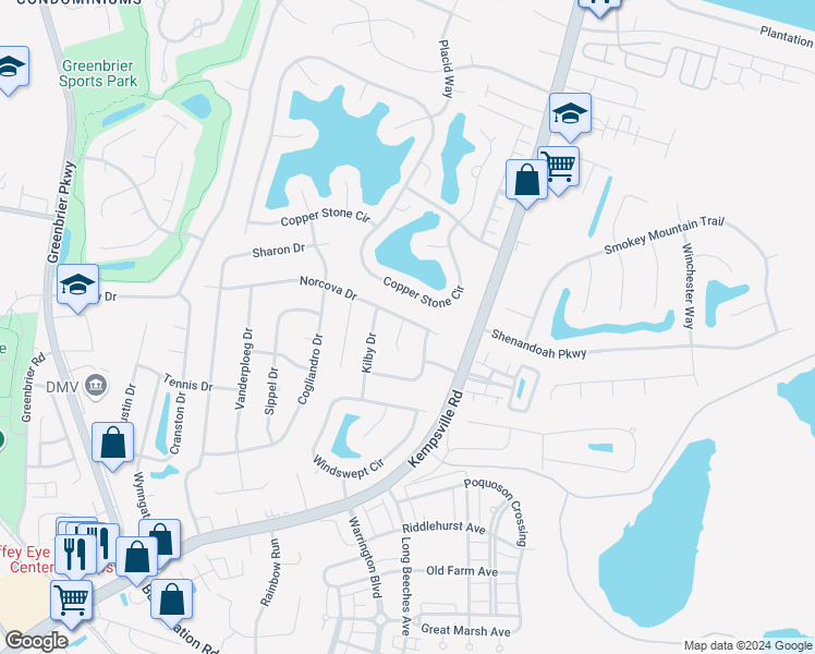 map of restaurants, bars, coffee shops, grocery stores, and more near 743 Norcova Drive in Chesapeake