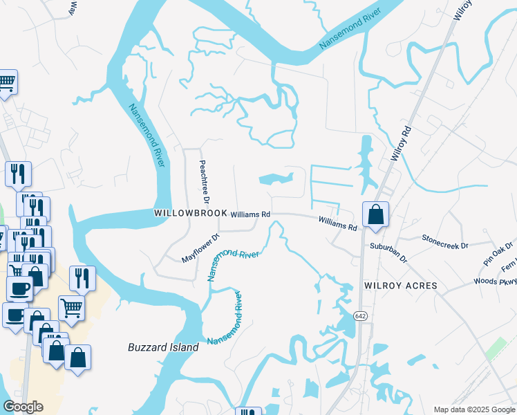 map of restaurants, bars, coffee shops, grocery stores, and more near 440 Williams Road in Suffolk