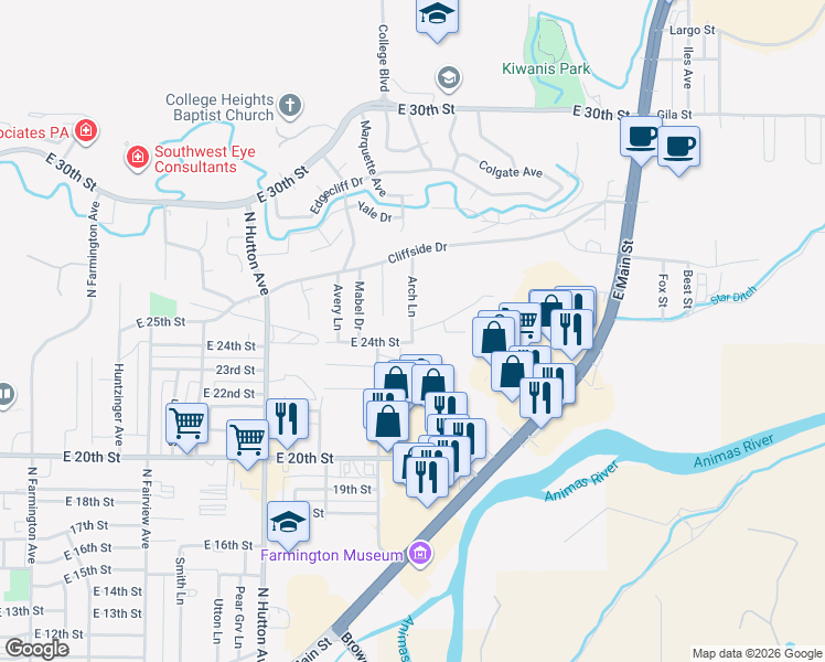 map of restaurants, bars, coffee shops, grocery stores, and more near 2451 Arch Lane in Farmington
